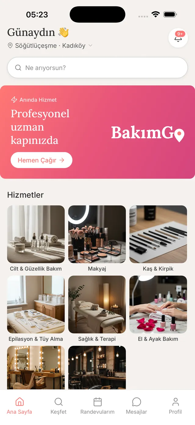 BakımGo uygulamasının ana ekranı: konum seçici, arama alanı ve hizmet kategorileri.