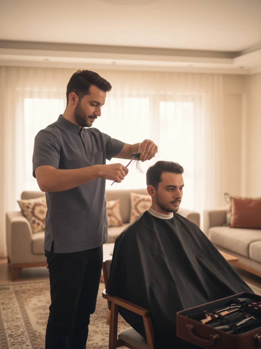 Erkek uzman, müşterisinin oturma odasında pelerinli müşterisinin saçını tarak ve makasla kesiyor; alet çantası yanındaki sehpada açık duruyor.