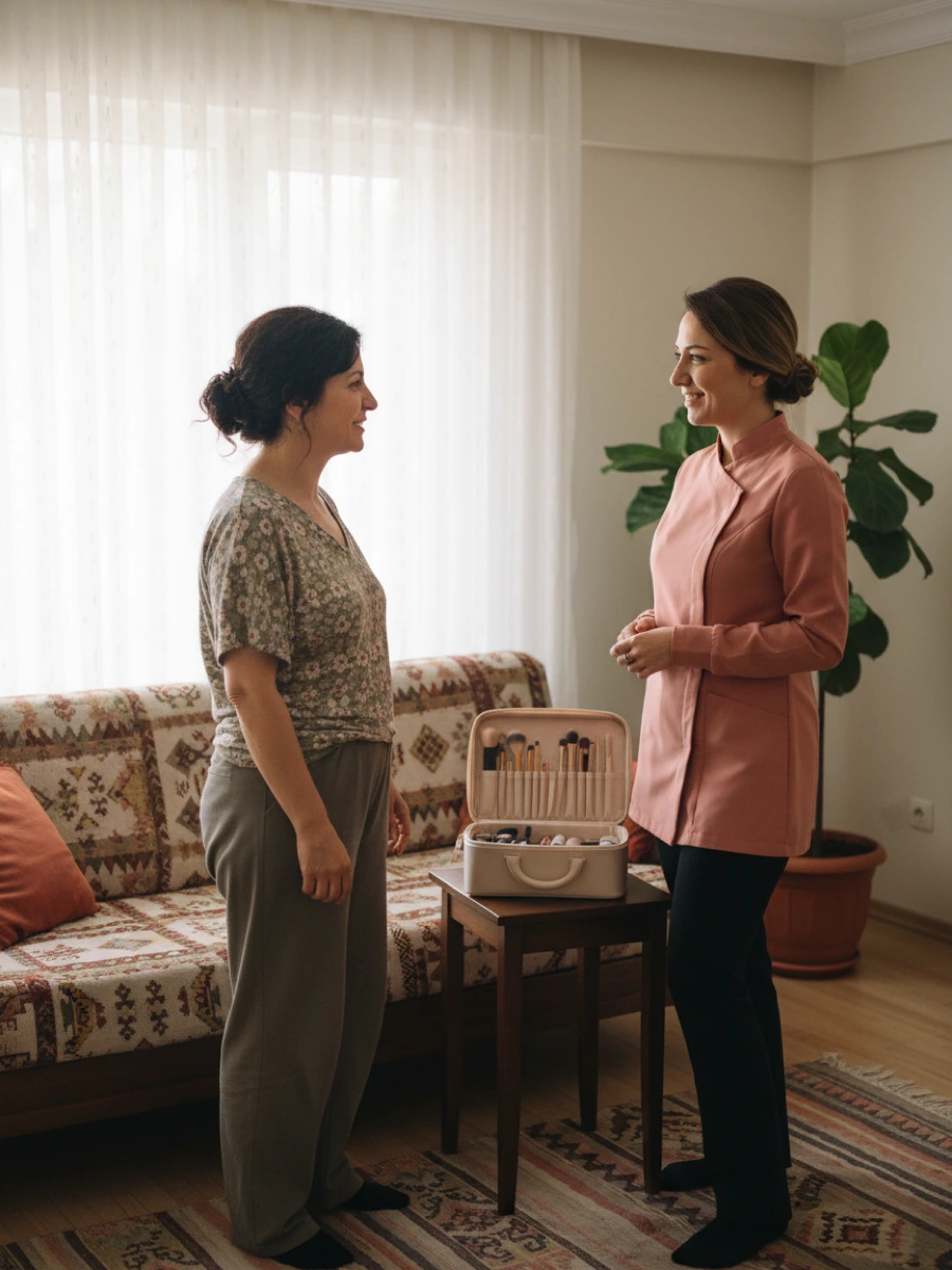 Güzellik uzmanı ile müşterisi, hizmet başlamadan önce müşterinin oturma odasında ayakta konuşuyor. Uzmanın bakım çantası yandaki sehpada açık ve düzenli duruyor.